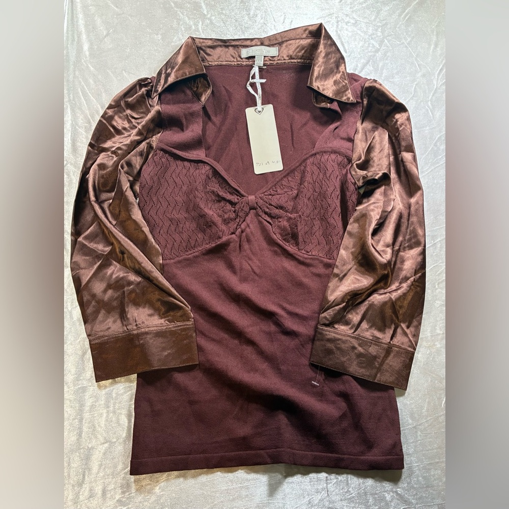 Toi et Moi Satin Lace Mixed Media Top Medium NWT Brown Blouse